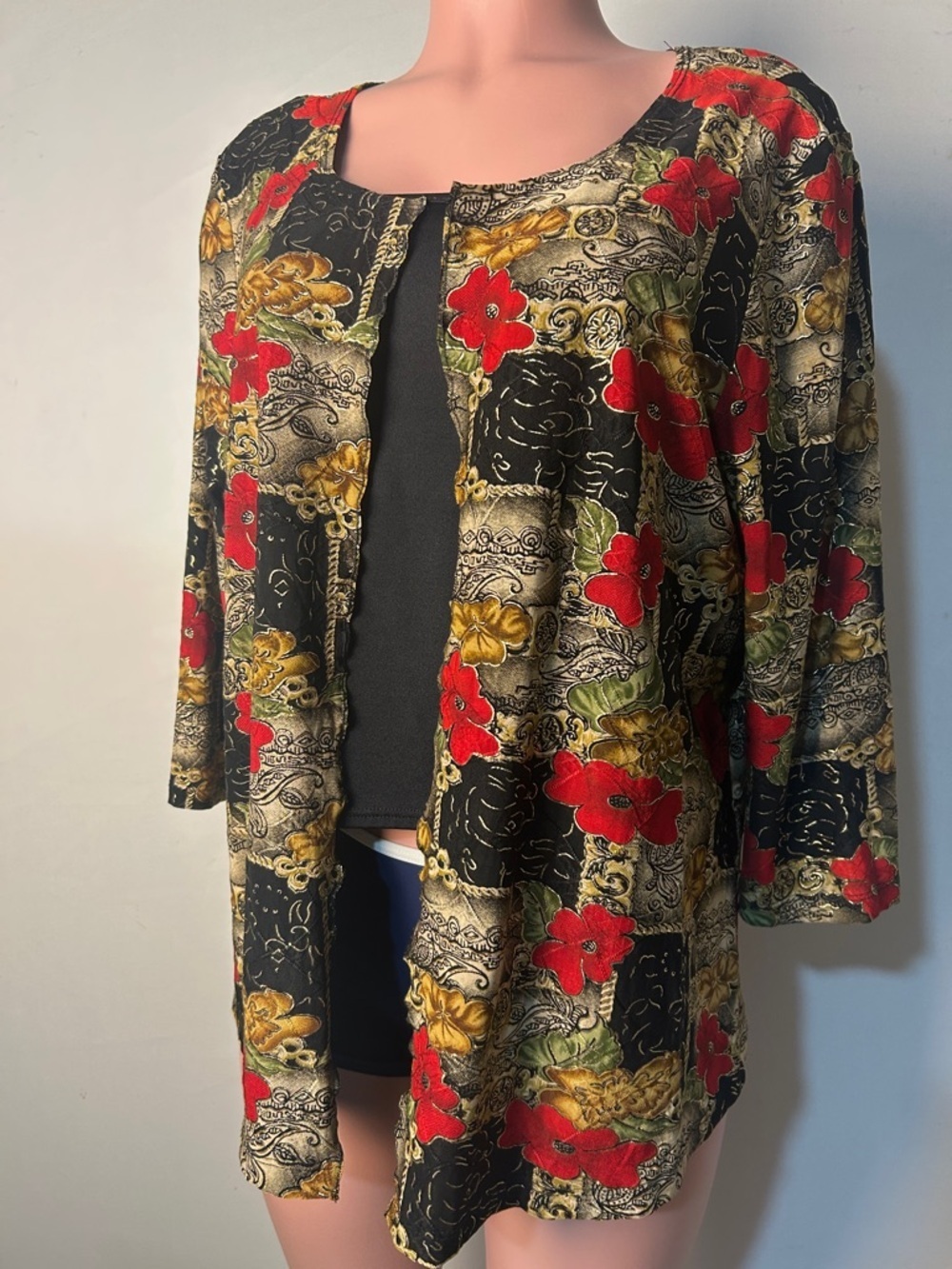 Brittany Black Women’s Open Front Cardigan Gold Metallic Floral 3/4 Sleeve Sz 2X